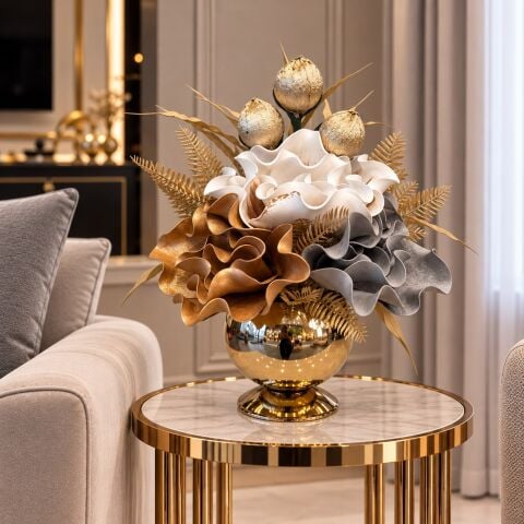 Küre Saksı Çiçek Aranjmanı Premium 4'lü Beyaz, Gold, Gri / Gold