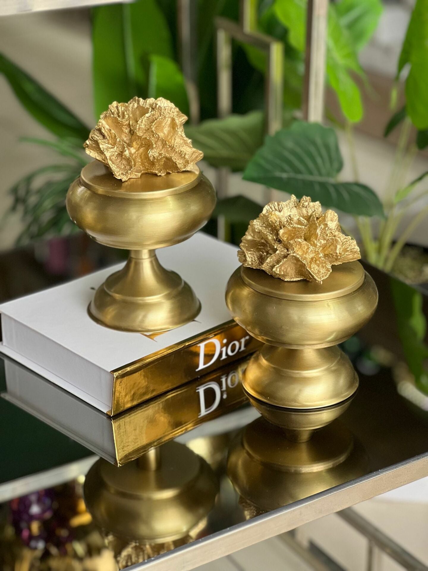 2'li Dekoratif Ayaklı Şekerlik Mercan Kutu New Eskitme Gold