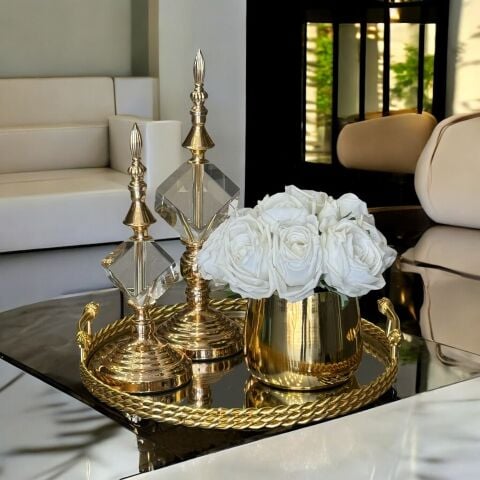Kulplu Tepsi & 2'li Küp Küre & Cezve Islak Gül Aranjmanı 4 Parça Set Gold