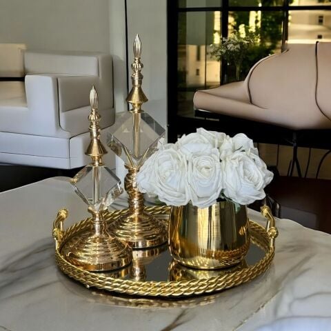 Kulplu Tepsi & 2'li Küp Küre & Cezve Islak Gül Aranjmanı 4 Parça Set Gold