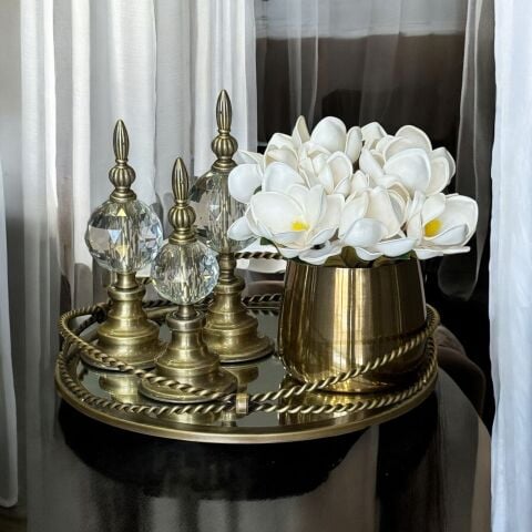 Zincir Tepsi & 3'lü Alem Dekorlu Sade & Cezve Manolya Aranjmanı 5 Parça Set Eskitme