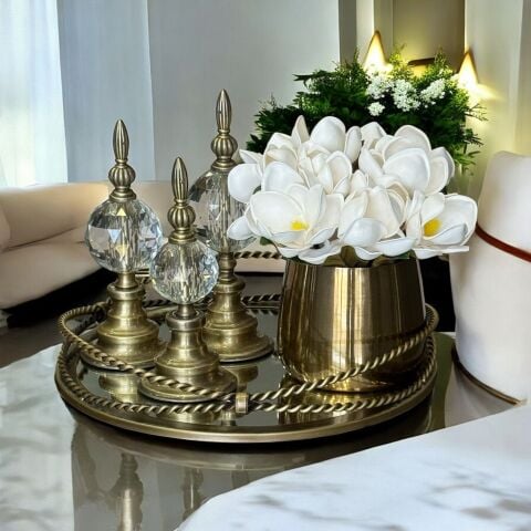 Zincir Tepsi & 3'lü Alem Dekorlu Sade & Cezve Manolya Aranjmanı 5 Parça Set Eskitme