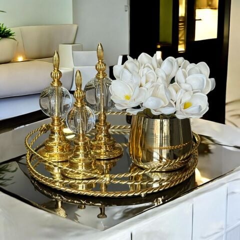 Zincir Tepsi & 3'lü Alem Düz Top Sade & Cezve Manolya Aranjmanı 5 Parça Set Gold