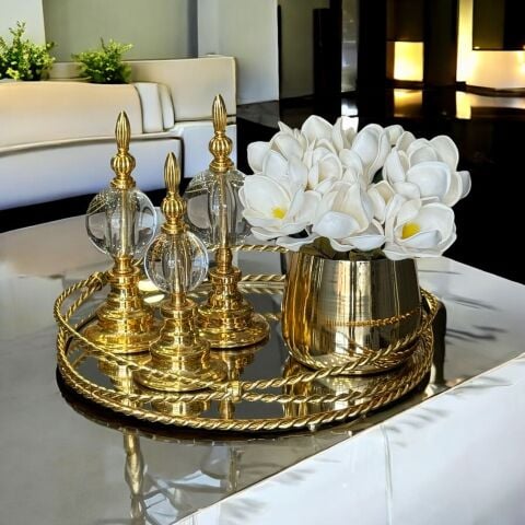 Zincir Tepsi & 3'lü Alem Düz Top Sade & Cezve Manolya Aranjmanı 5 Parça Set Gold