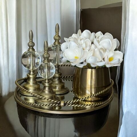 Zincir Tepsi & 3'lü Alem Düz Top Sade & Cezve Manolya Aranjmanı 5 Parça Set Eskitme