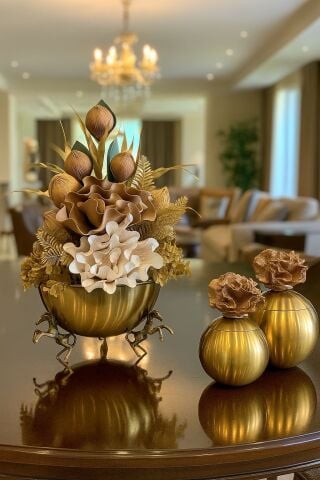 Atlı Saksı Çiçek Aranjmanı & 2'li Mercan Kutu 3 Parça Set Eskitme Tarçın