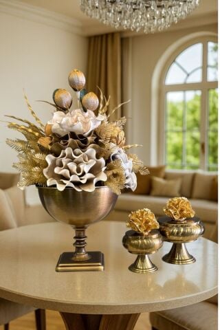 Lale Saksı Çiçek Aranjmanı & 2’li Mercan Ayaklı Kutu – 3 Parça Set (Eskitme)