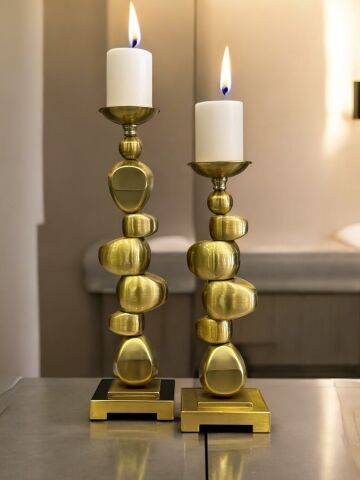 Dekoratif 2’li Metal Şamdan ve Mumluk – Eskitme + Mum