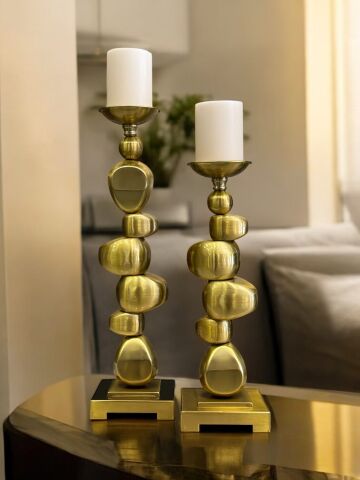 Dekoratif 2’li Metal Şamdan ve Mumluk – Eskitme + Mum