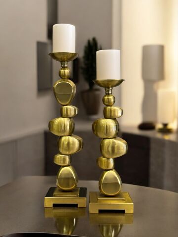 Dekoratif 2’li Metal Şamdan ve Mumluk – Eskitme + Mum