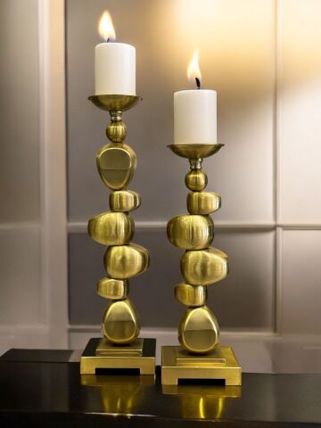 Dekoratif 2’li Metal Şamdan ve Mumluk – Eskitme + Mum