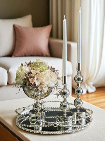 Zincir Tepsi, 2’li Metal Mumluk & Çiçek Aranjmanlı Vazo – 4 Parça Gümüş Set