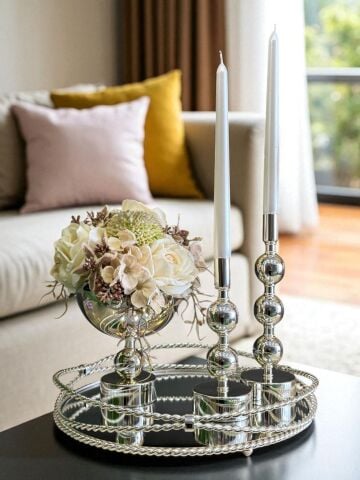 Zincir Tepsi, 2’li Metal Mumluk & Çiçek Aranjmanlı Vazo – 4 Parça Gümüş Set