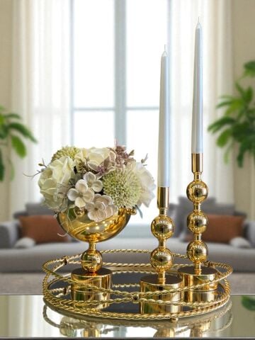 Zincir Tepsi, 2’li Metal Mumluk & Çiçek Aranjmanlı Vazo – 4 Parça Gold Set