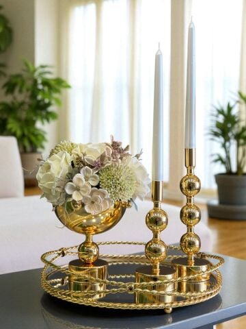 Zincir Tepsi, 2’li Metal Mumluk & Çiçek Aranjmanlı Vazo – 4 Parça Gold Set