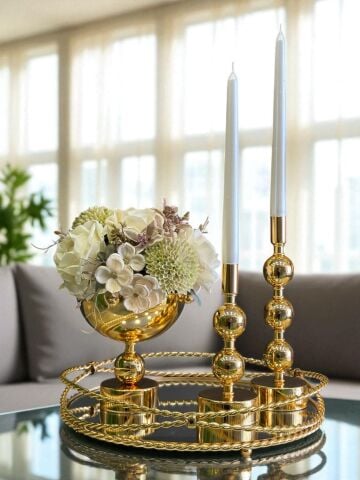 Zincir Tepsi, 2’li Metal Mumluk & Çiçek Aranjmanlı Vazo – 4 Parça Gold Set