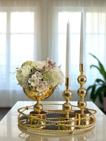 Zincir Tepsi, 2’li Metal Mumluk & Çiçek Aranjmanlı Vazo – 4 Parça Gold Set