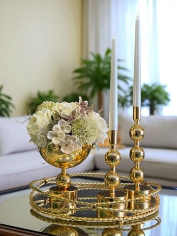 Zincir Tepsi, 2’li Metal Mumluk & Çiçek Aranjmanlı Vazo – 4 Parça Gold Set