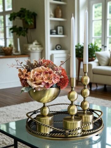 Zincir Tepsi, 2’li Metal Mumluk & Çiçek Aranjmanlı Vazo – 4 Parça Eskitme Set