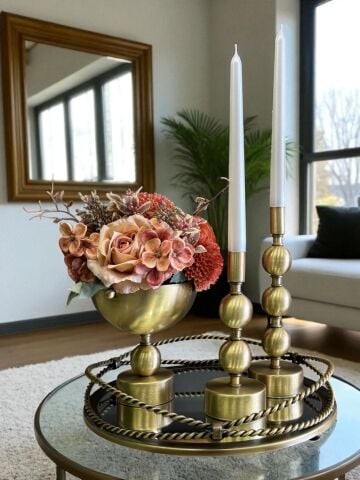 Zincir Tepsi, 2’li Metal Mumluk & Çiçek Aranjmanlı Vazo – 4 Parça Eskitme Set