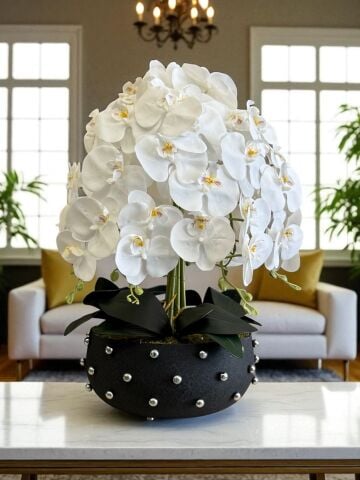 Metal Vazo Noktalı Orkide Aranjmanı – 7 Dallı