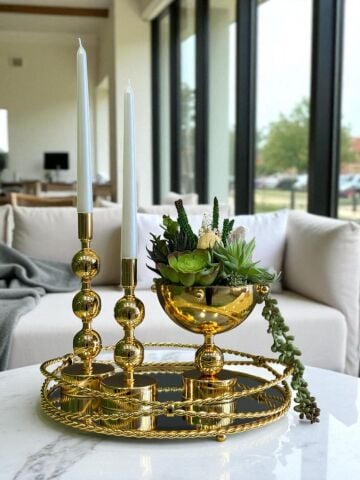 Zincir Tepsi, 2’li Metal Mumluk & Sukulent Aranjmanlı Vazo – 4 Parça Gold Set