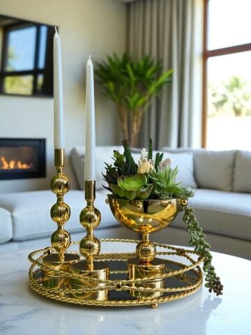 Zincir Tepsi, 2’li Metal Mumluk & Sukulent Aranjmanlı Vazo – 4 Parça Gold Set