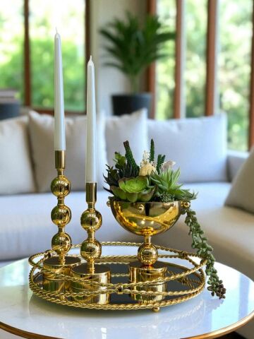 Zincir Tepsi, 2’li Metal Mumluk & Sukulent Aranjmanlı Vazo – 4 Parça Gold Set