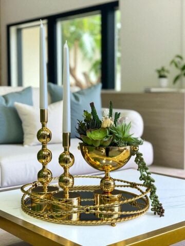 Zincir Tepsi, 2’li Metal Mumluk & Sukulent Aranjmanlı Vazo – 4 Parça Gold Set