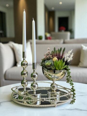 Zincir Tepsi, 2’li Metal Mumluk & Sukulent Aranjmanlı Vazo – 4 Parça Gümüş Set