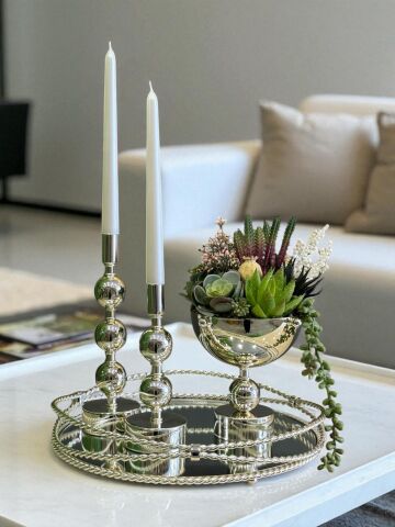 Zincir Tepsi, 2’li Metal Mumluk & Sukulent Aranjmanlı Vazo – 4 Parça Gümüş Set