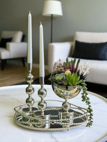 Zincir Tepsi, 2’li Metal Mumluk & Sukulent Aranjmanlı Vazo – 4 Parça Gümüş Set