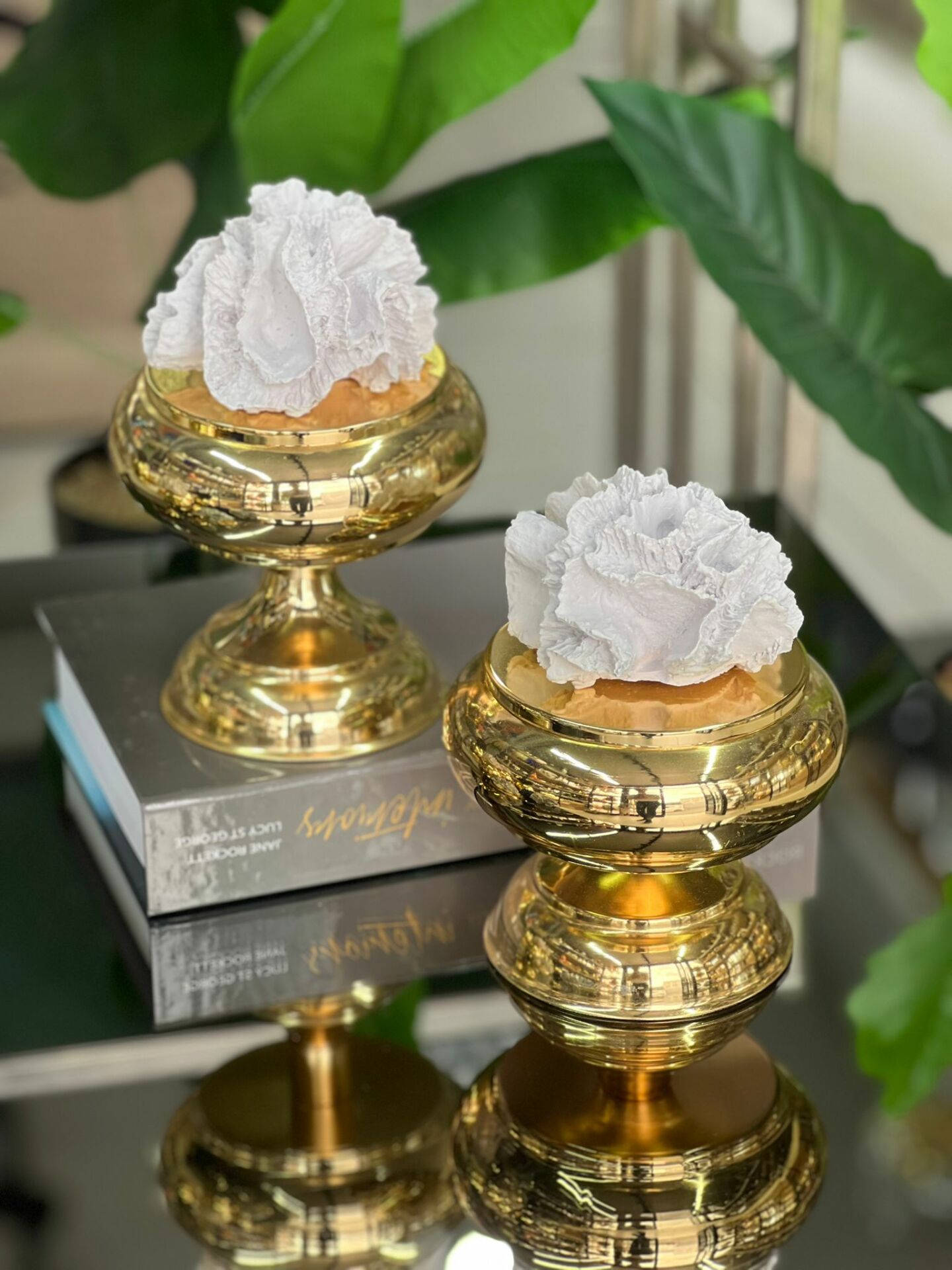 2'li Dekoratif Ayaklı Şekerlik Mercan Kutu New Gold