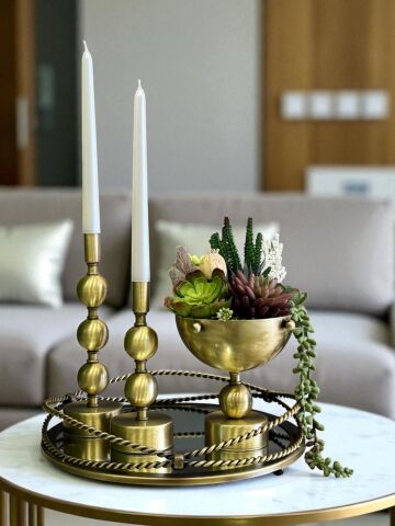 Zincir Tepsi, 2’li Metal Mumluk & Sukulent Aranjmanlı Vazo – 4 Parça Eskitme Set