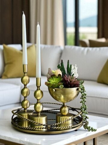 Zincir Tepsi, 2’li Metal Mumluk & Sukulent Aranjmanlı Vazo – 4 Parça Eskitme Set