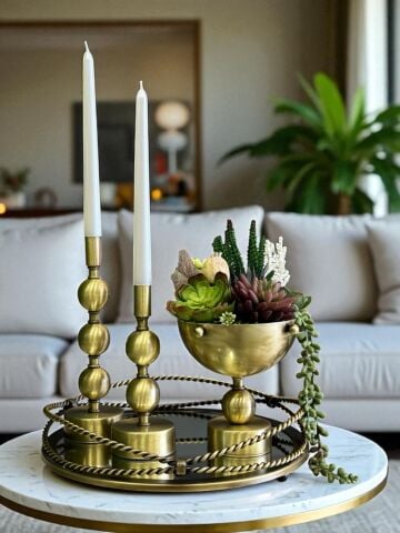 Zincir Tepsi, 2’li Metal Mumluk & Sukulent Aranjmanlı Vazo – 4 Parça Eskitme Set