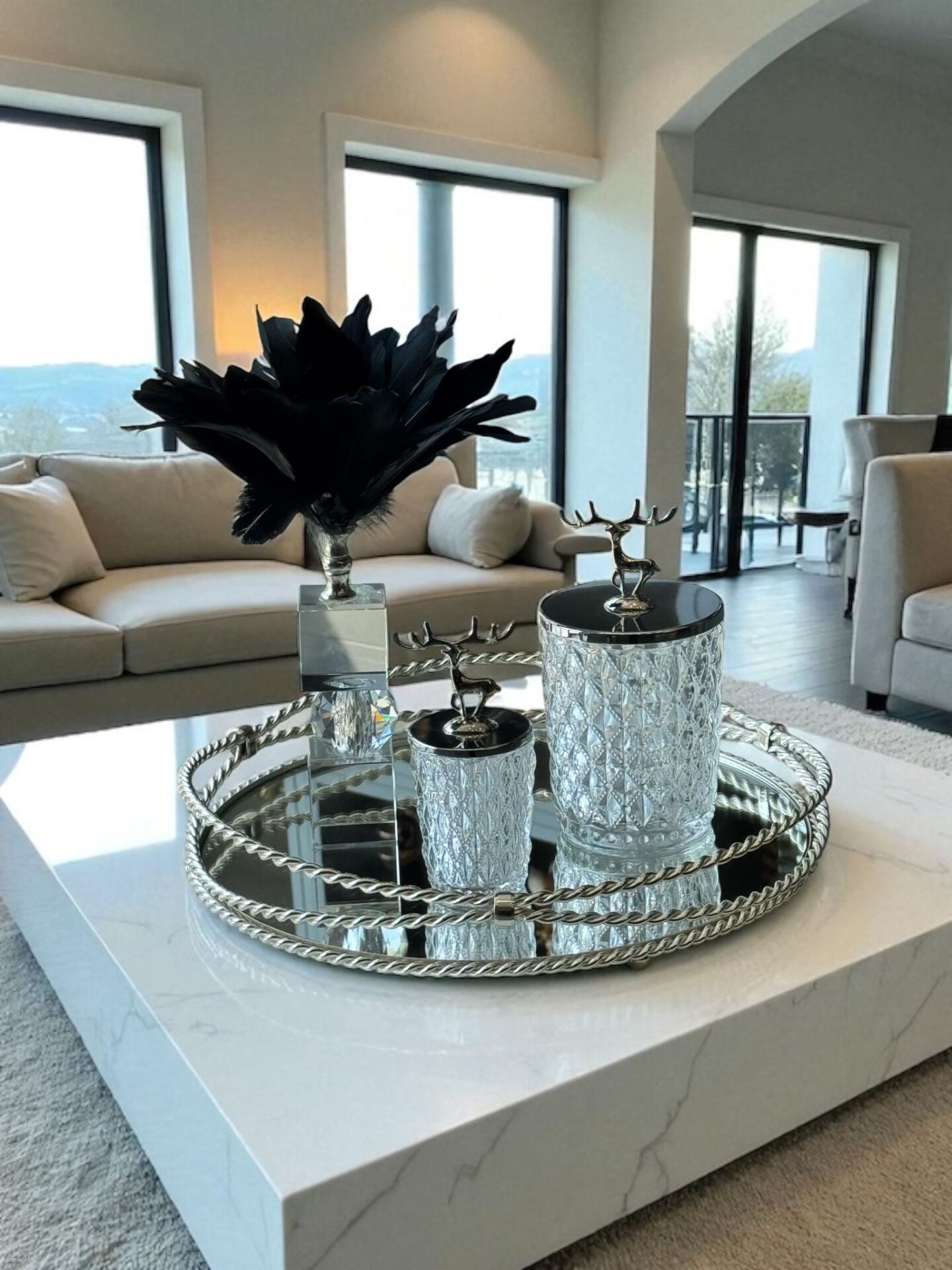 Zincir Tepsi Çap 35cm Gümüş Set – 2'li Geyikli Kapak Şekerlik & Dekoratif Kristal Kartal Tüyü Siyah