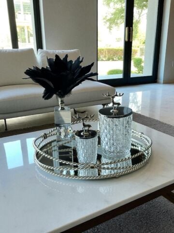 Zincir Tepsi Çap 35cm Gümüş Set – 2'li Geyikli Kapak Şekerlik & Dekoratif Kristal Kartal Tüyü Siyah