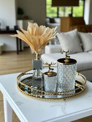 Zincir Tepsi Çap 35cm Gold Set – 2'li Geyikli Kapak Şekerlik & Dekoratif Kristal Kartal Tüyü Vizon