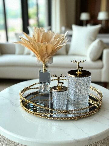 Zincir Tepsi Çap 35cm Gold Set – 2'li Geyikli Kapak Şekerlik & Dekoratif Kristal Kartal Tüyü Vizon