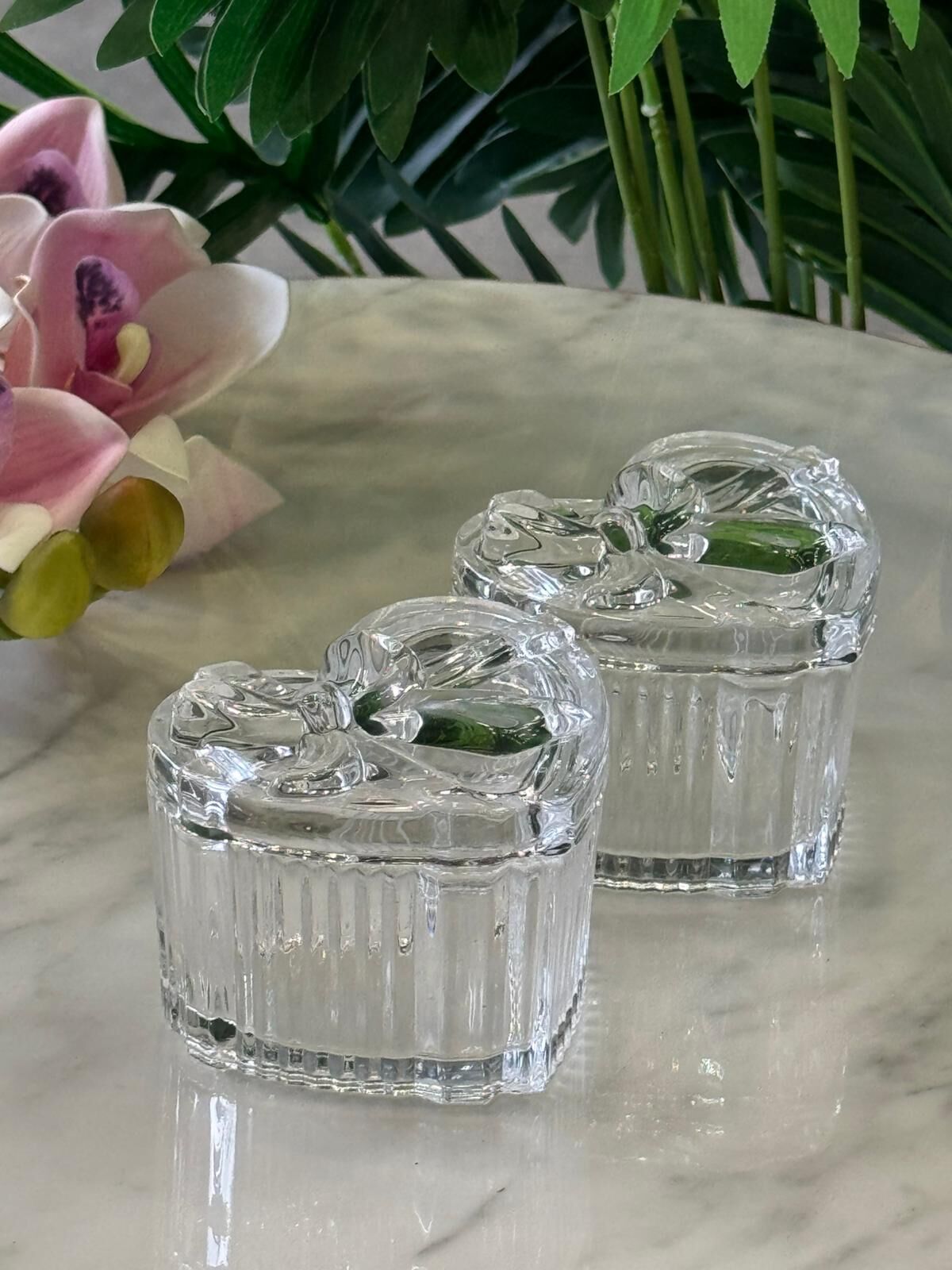 2'li Fiyonk Kalp Model Kapaklı Cam Kutu Şekerlik Şeffaf