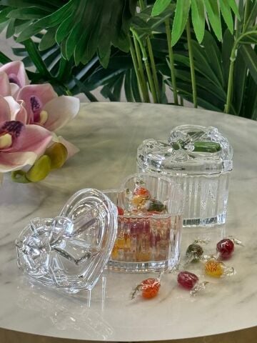 2'li Fiyonk Kalp Model Kapaklı Cam Kutu Şekerlik Şeffaf