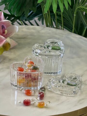 2'li Fiyonk Kalp Model Kapaklı Cam Kutu Şekerlik Şeffaf