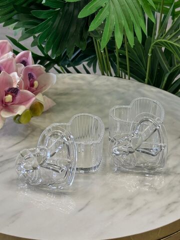 2'li Fiyonk Kalp Model Kapaklı Cam Kutu Şekerlik Şeffaf