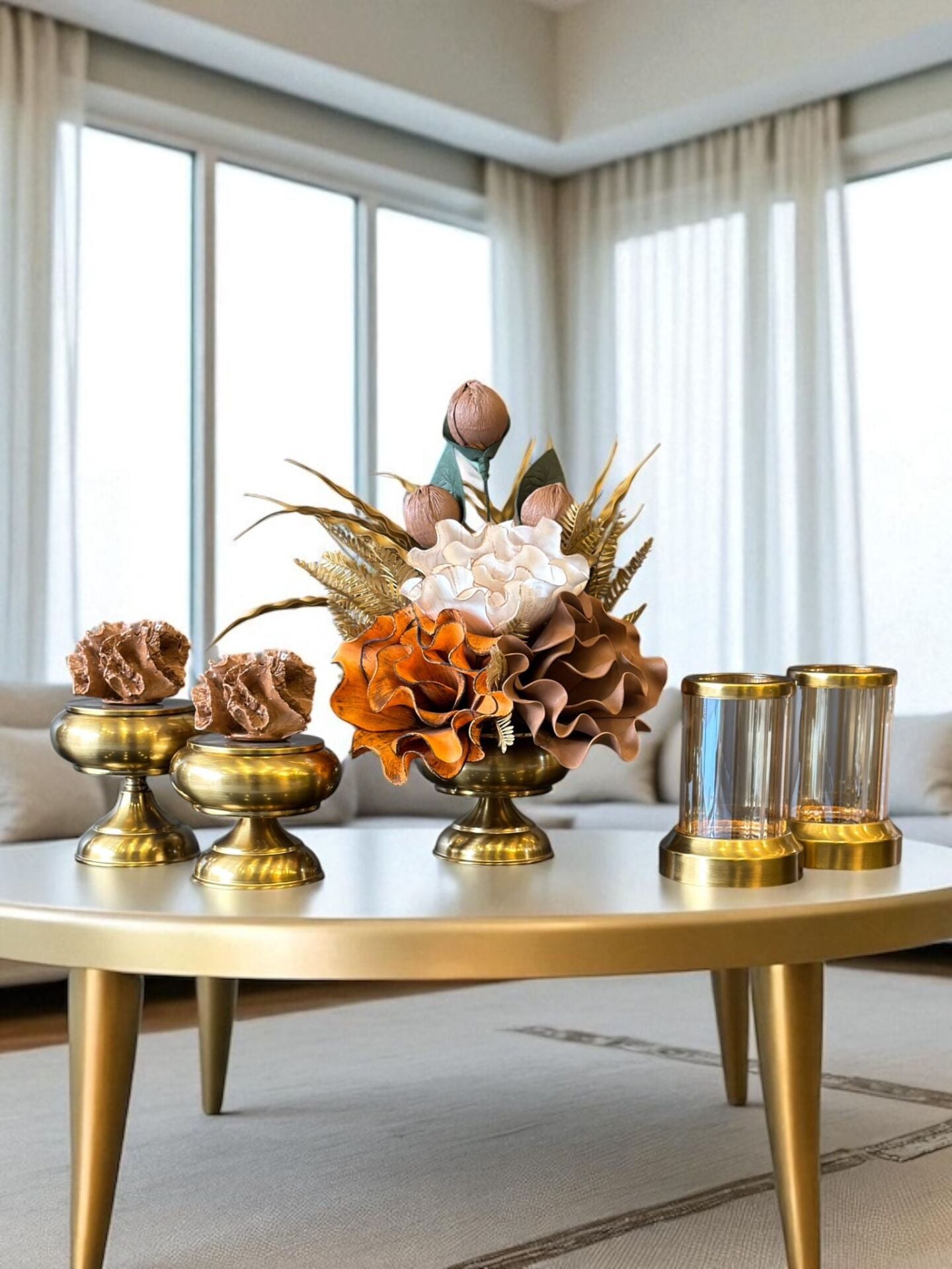 Çiçek Aranjmanı, Tarçın Mercan Kutular ve Mumluklar Bal – Eskitme 5’li Set