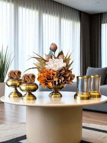 Çiçek Aranjmanı, Tarçın Mercan Kutular ve Mumluklar Bal – Eskitme 5’li Set