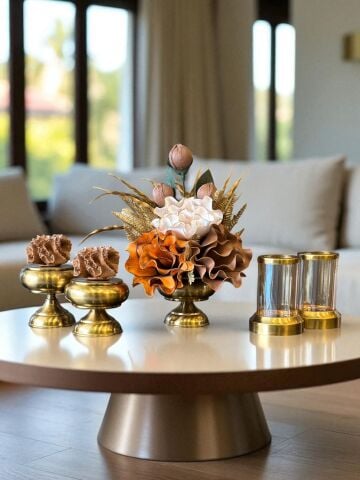 Çiçek Aranjmanı, Tarçın Mercan Kutular ve Mumluklar Bal – Eskitme 5’li Set