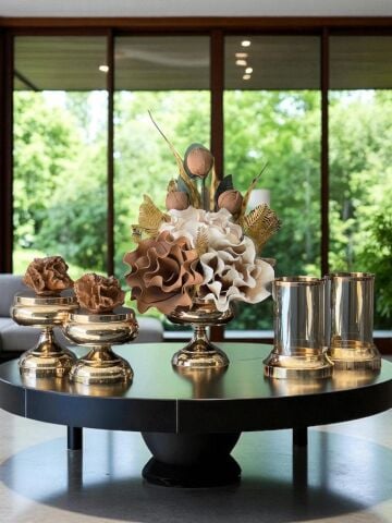 Çiçek Aranjmanı, Tarçın Mercan Kutular ve Mumluklar – Rosegold 5’li Set