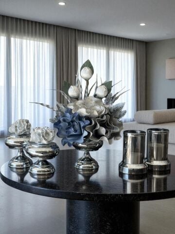 Çiçek Aranjmanı, Gümüş Mercan Kutular ve Mumluklar – Gümüş 5’li Set