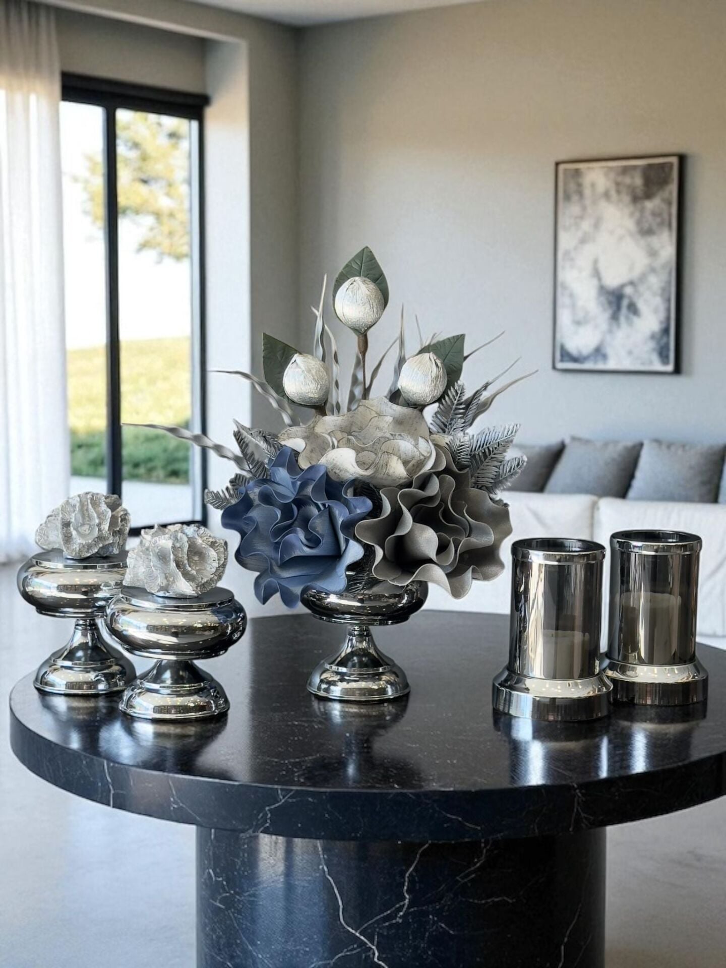 Çiçek Aranjmanı, Gümüş Mercan Kutular ve Mumluklar – Gümüş 5’li Set